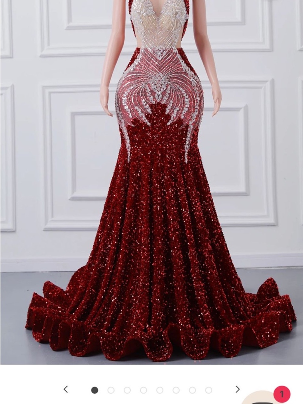 Red Sequined Backless Mermaid Gown with Crystal Embellishment